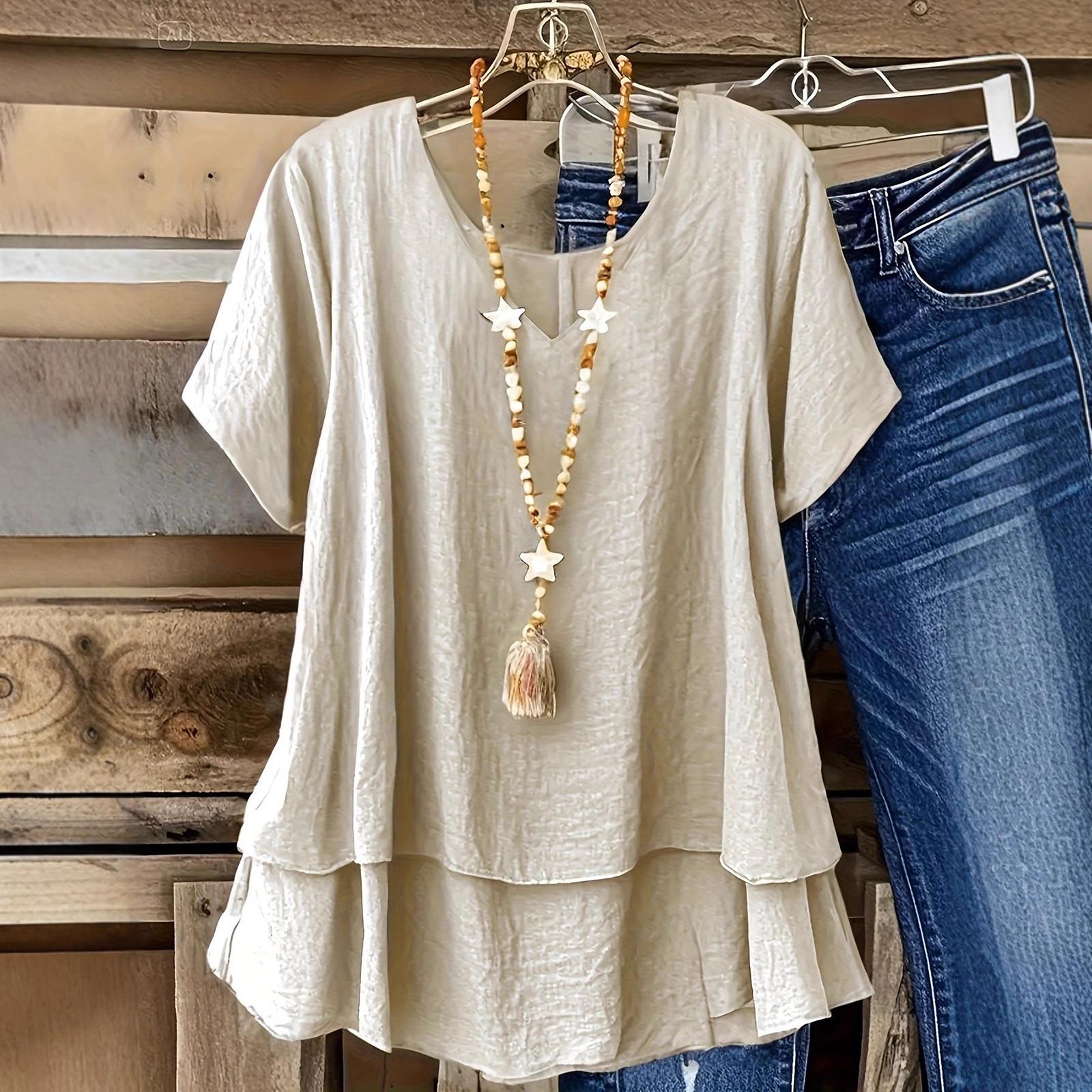 Женская повседневная свободная футболка с V-образным вырезом, двухслойная, имитация двойки, с коротким рукавом XXL бежевый