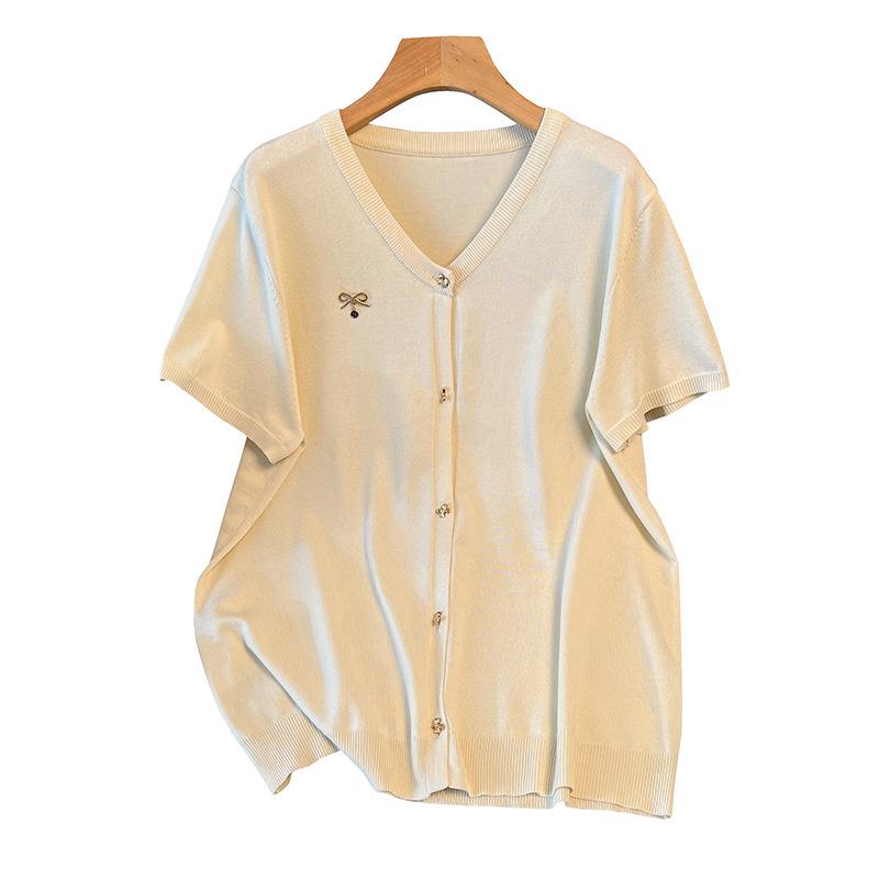 Plus Size Women's Ice Silk Knit Summer Top - Slimming Short Sleeve T-shirt