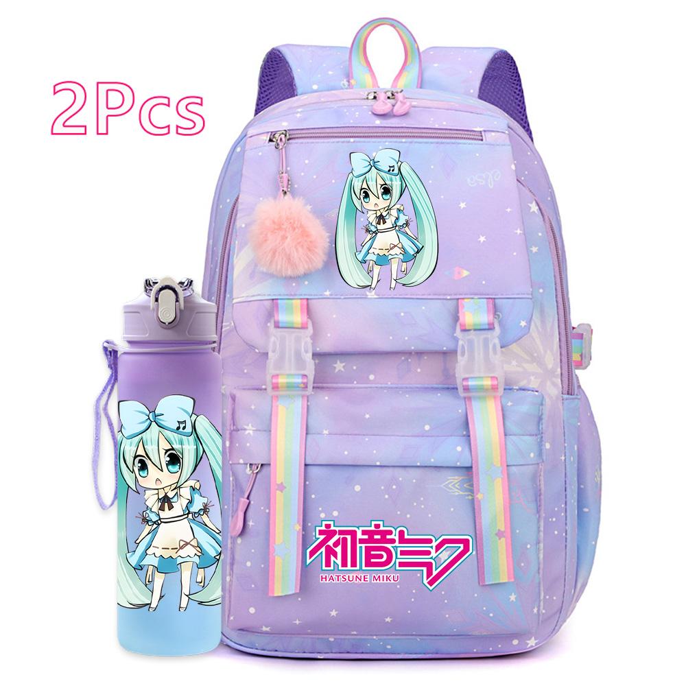 2 st/set Söt Hatsune Miku-tryckt Ryggsäck med 750 ml Vattenflaska för Tonårsflicka Pojke Skolväska Stor Kapacitet Vattentät Resväska Gåva