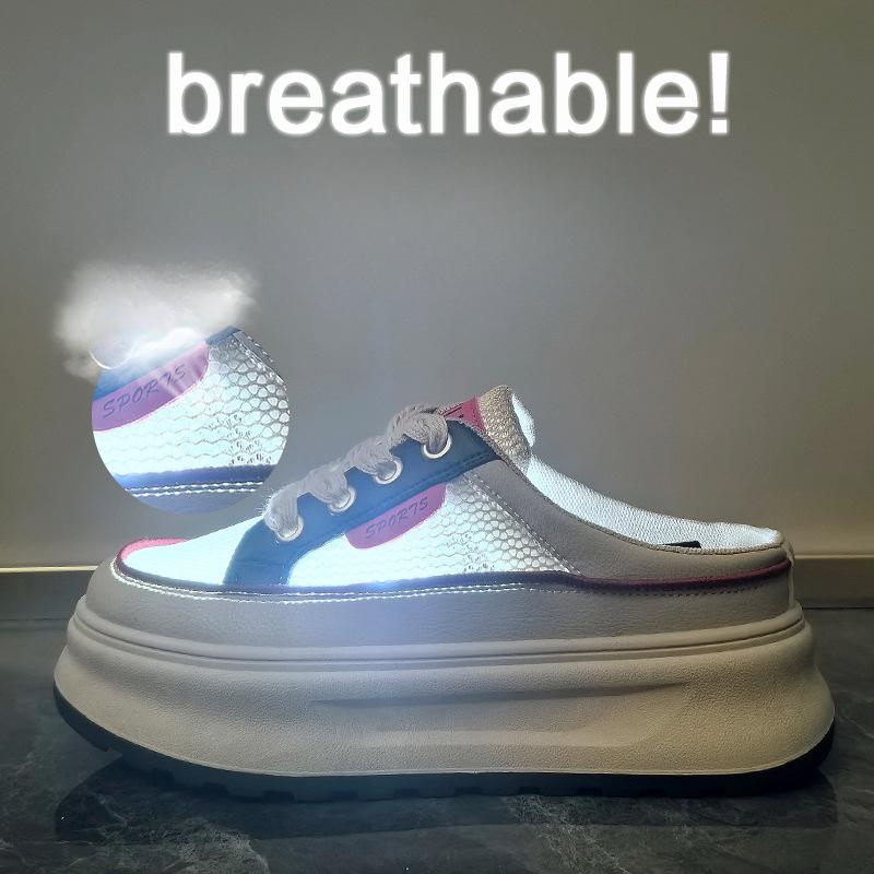 Summer Half-support White Shoes New Style for Female Students Thick Sole Heightened Mesh Breathable and Casual