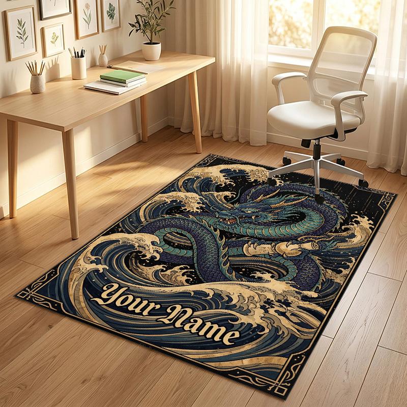 Dragon Phoenix Theme Crystal Velvet Rug Personalized Custom Name Text Soft Floor Mat Home Decor