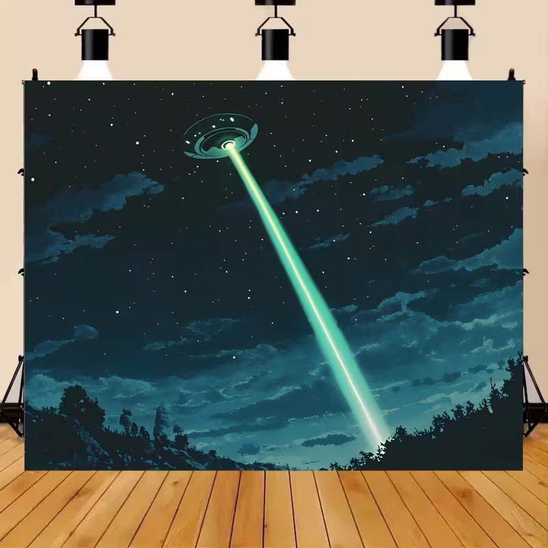 2D Starry Sky UFO Backdrop, Alien Abduction Beam Photography Background 47.2x31.5inch/120*80cm