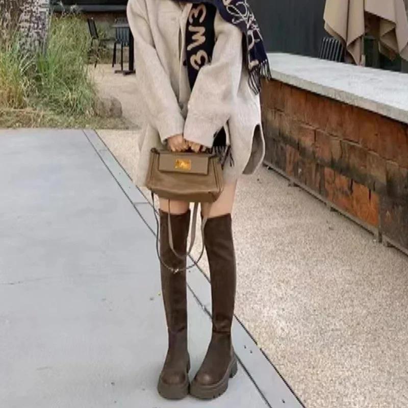 Fashion Suede Chelsea Boots Over The Knee  Women Flats Shoes Platform 2025 Winter New Round Toe Designer Gladiator Boots Goth Punk Botas