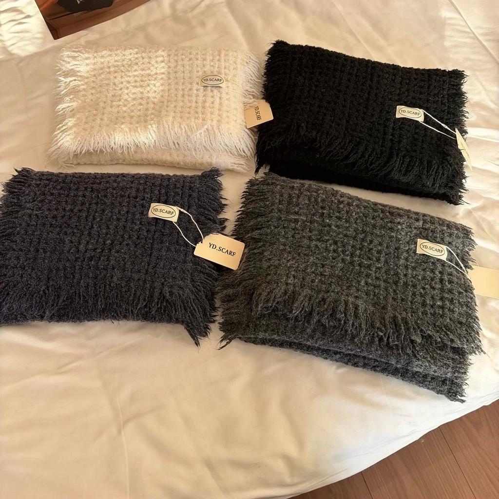 South Korea's original single winter waffle scarf women's fringed edge solid color daily versatile shawl with warm scarf