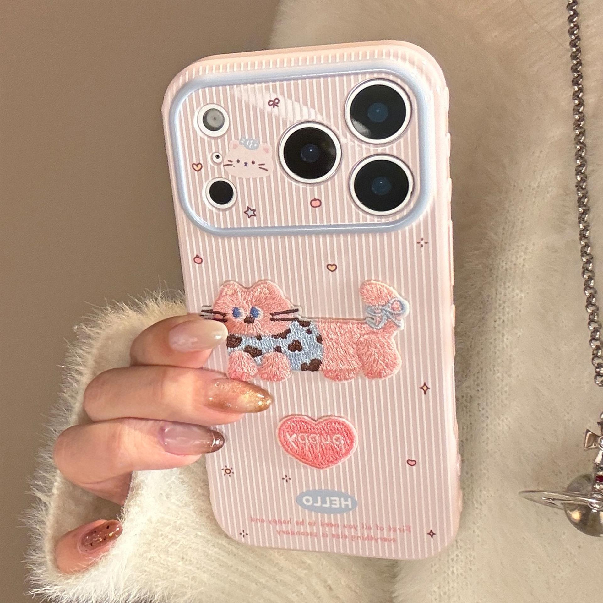

Полосатый чехол для iPhone 17 с кошачьей тематикой, Совместим с iPhone 15, 16 Pro и Max. Вышитый мультяшный дизайн, Защита от падений и полная защита iphone 17pro max