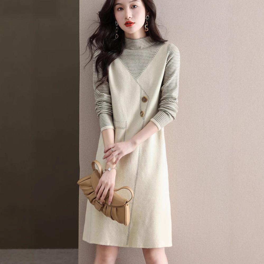 Women's Turtleneck Sweater Dress Autumn and Winter Fake Two-piece Mid-length Knitted Shirt Loose and Fashionable Long-sleeved Pullover