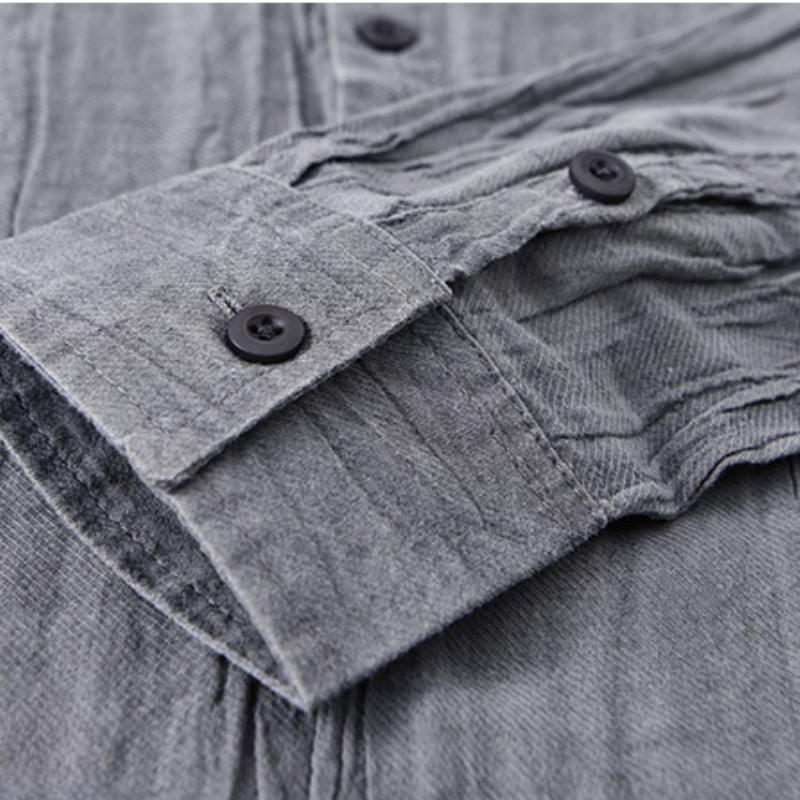 Spring and Summer Men's Linen Long-sleeved Shirt Casual Pleated Pullover Shirt