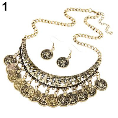 Women's Vintage Coin Style Choker Necklace Hook Earrings Statement Jewelry Set