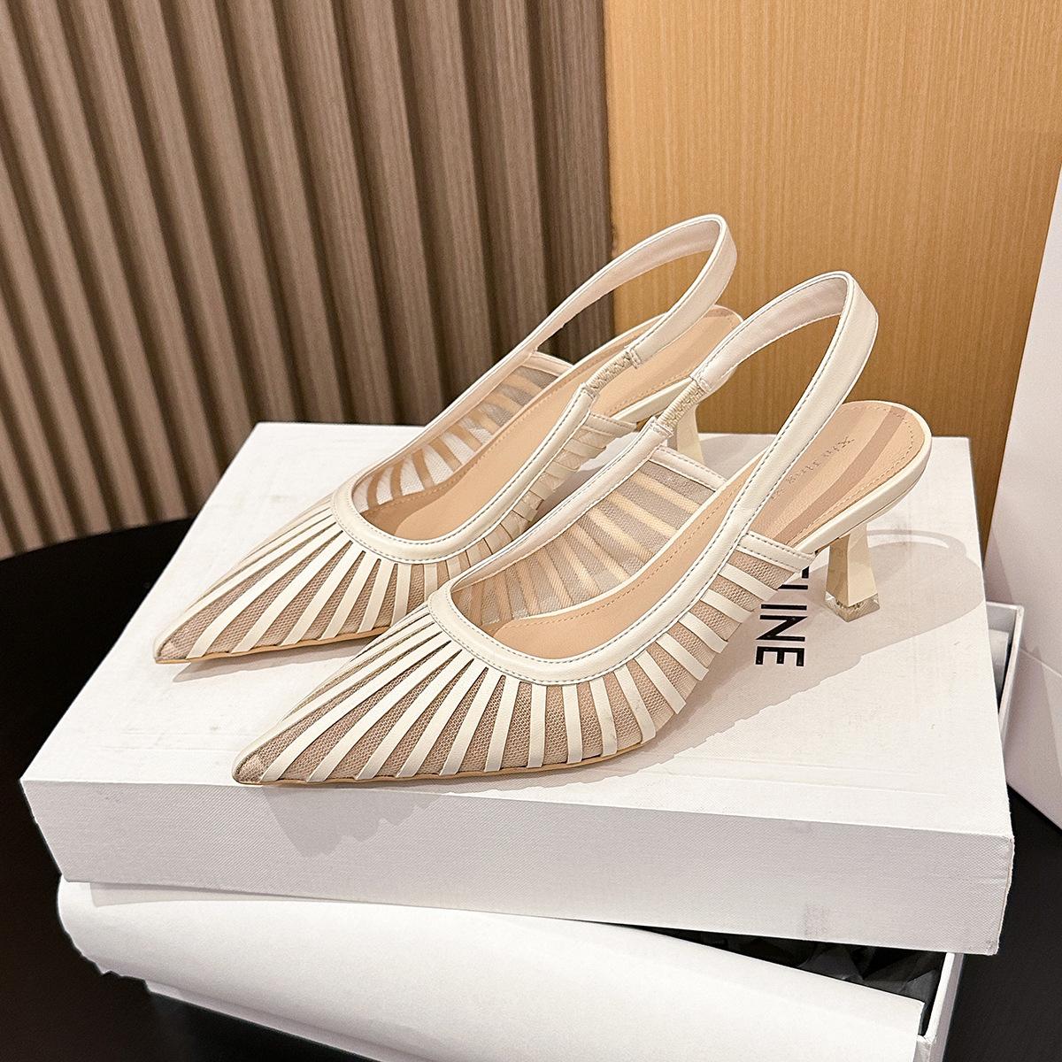 

699-500 French pointed striped high-heeled single shoes for women s new shallow mouth sexy mesh rear empty single shoes for women 40