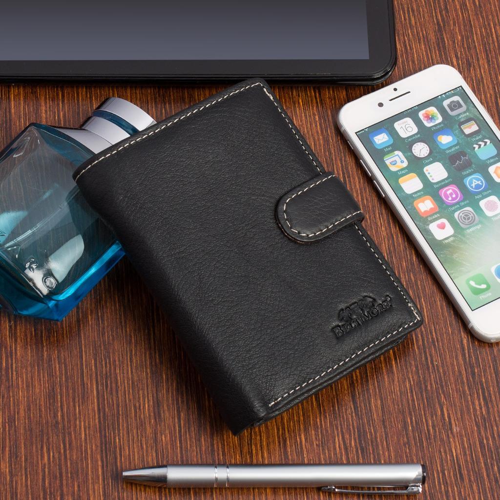 Beltimore Men's Large Vertical Leather Wallet With Clasp, Black, Rfid Premium