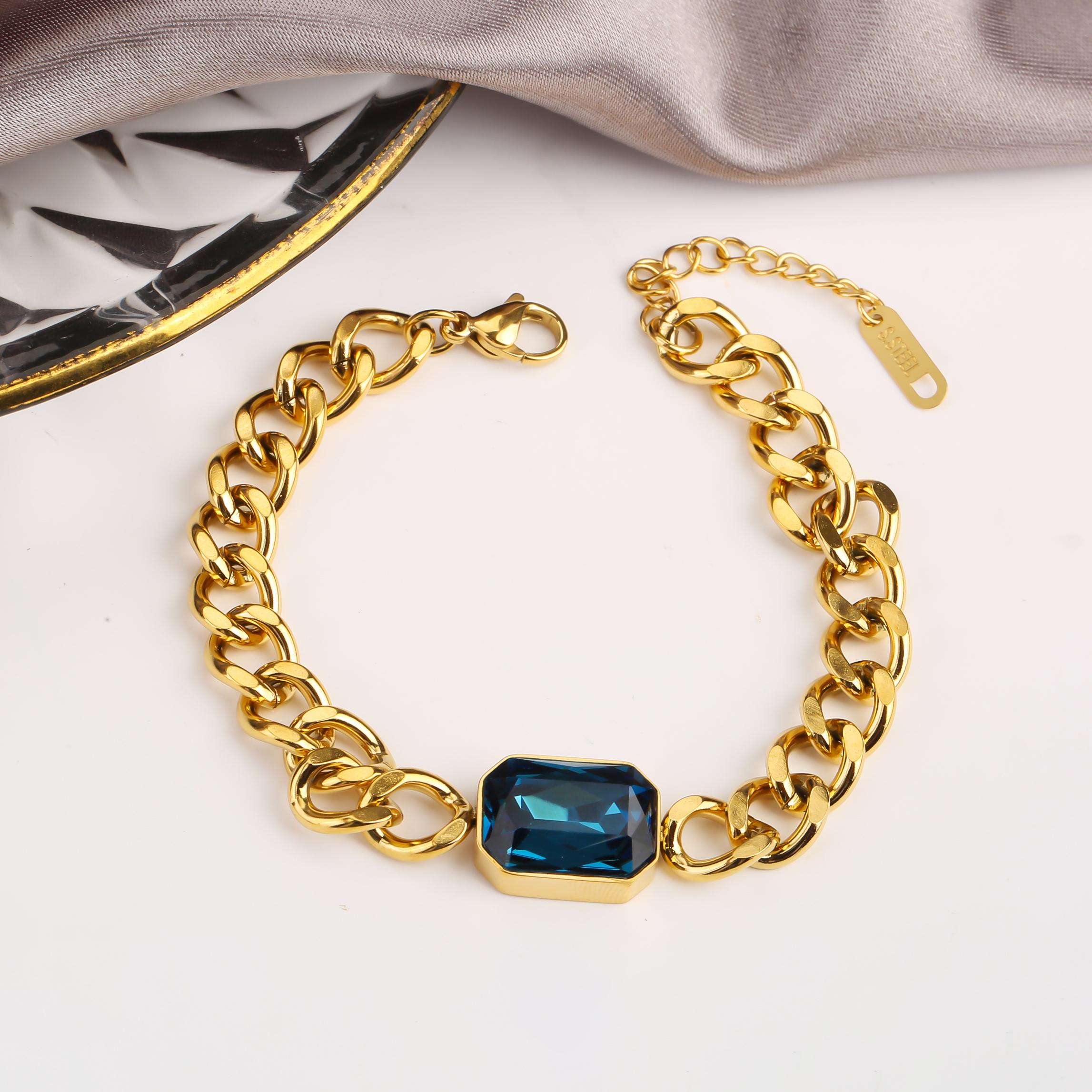 

Персонализированный прямоугольный красочный кристалл шестигранной полировки набор ожерелья и браслета кубинской цепи для женщины из нержавеющей стали с цирконом