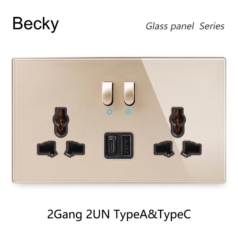 

146 13a Rectangular Reset Piano Key Tempered Glass USB TypeA TypeC UN Multi Functional 3Hole Socket Office Home Villa Decoration