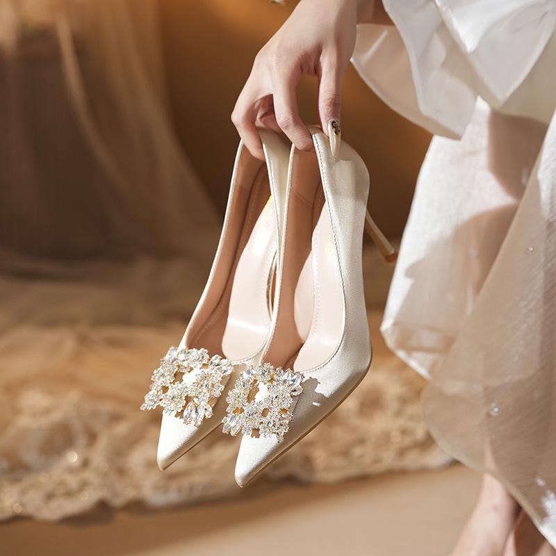 

French Silk Champagne Rhinestone Buckle Stiletto Heels for Brides and Bridesmaids 40