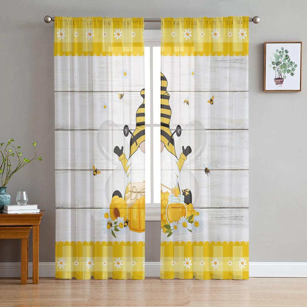 Modern Bee Azalea Retro Flower Tulle Curtains Living Room Bedroom Decoration Chiffon Voile Kitchen Window Curtain With Sheer Polyester Perfect For