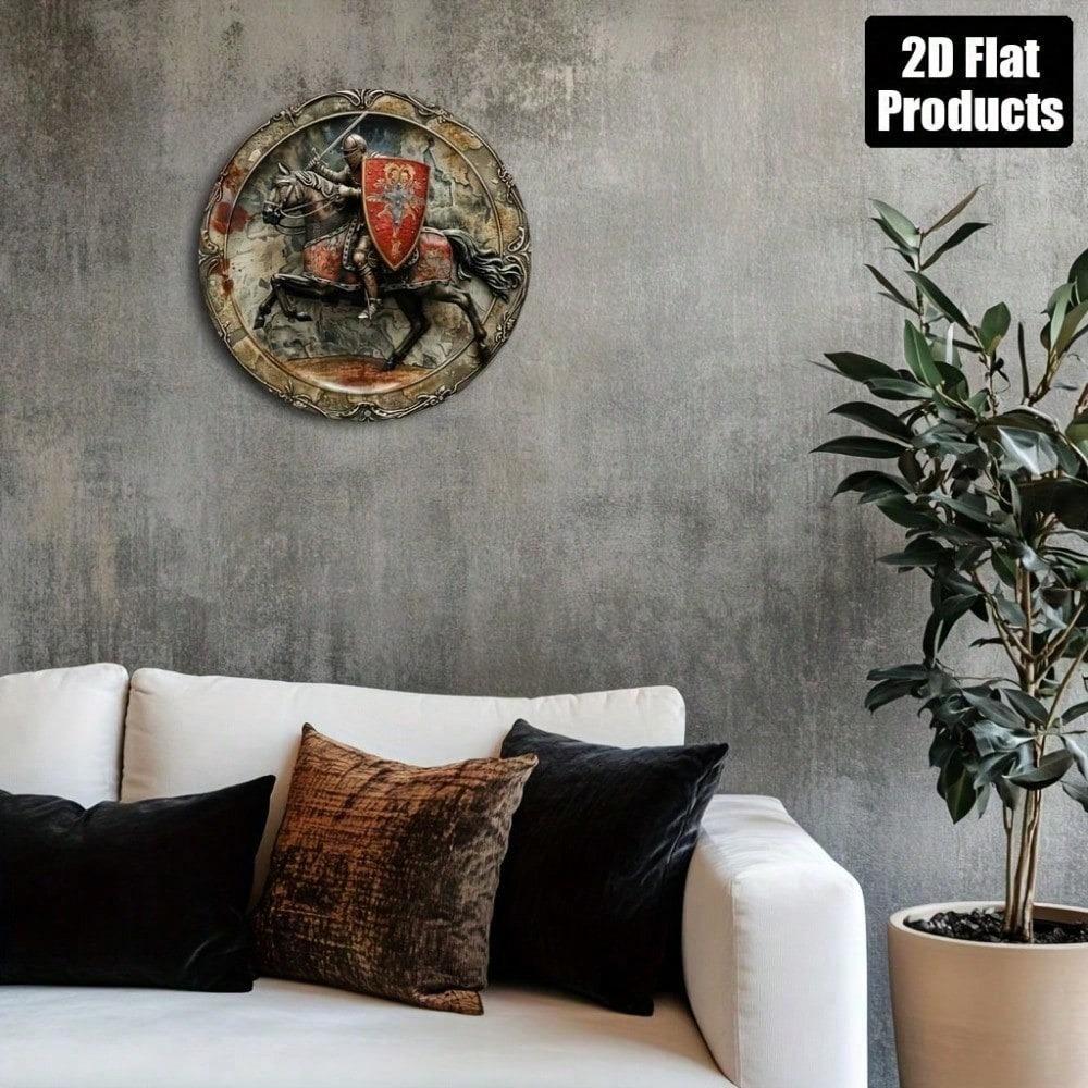 Arte da Parete Rotonda Cavaliere Metallico Rustico, Segno in Alluminio 8x8 per Arredamento Casa Bar Caffè