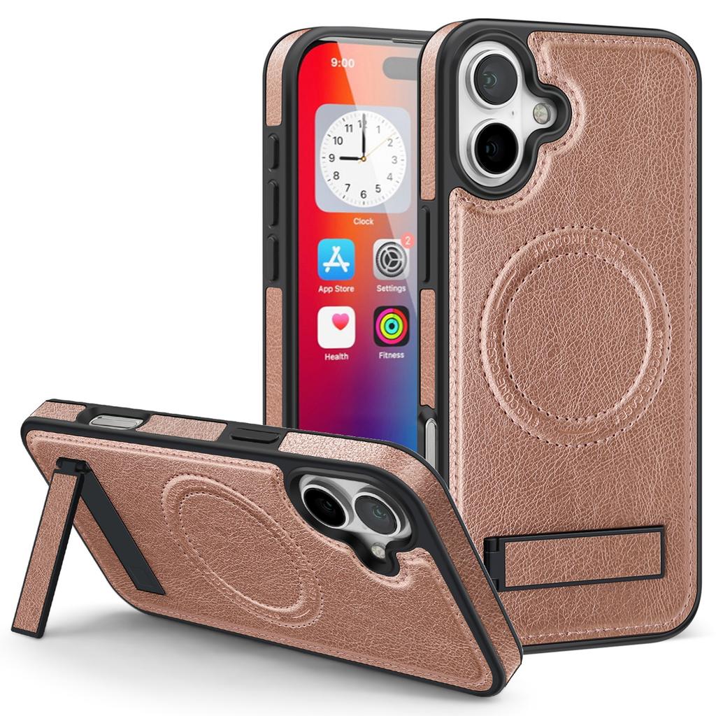 For iPhone 16 Plus Case Compatible with MagSafe with Folded Kickstand PC Silicone Leather Phone Back Cover