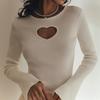 Pulover Tricotat cu Mâneci Lungi și Decupaj în Formă de Inimă – Top Sexy Slim Fit pentru Toamnă/Iarnă