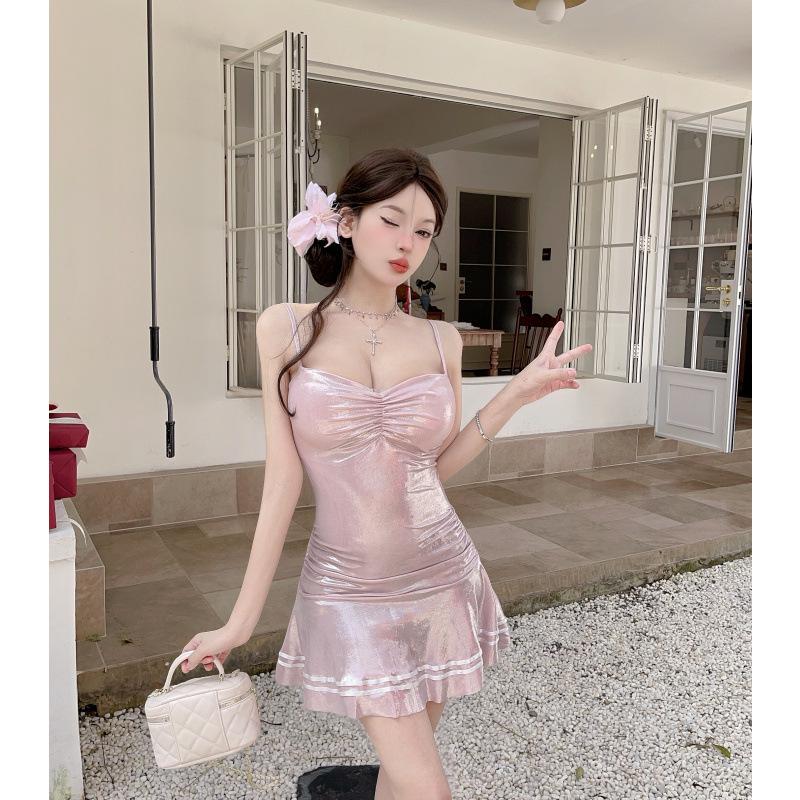Elegant Slimming Low-Cut Spaghetti Strap Dress - Women s Nightclub Style Large розовый