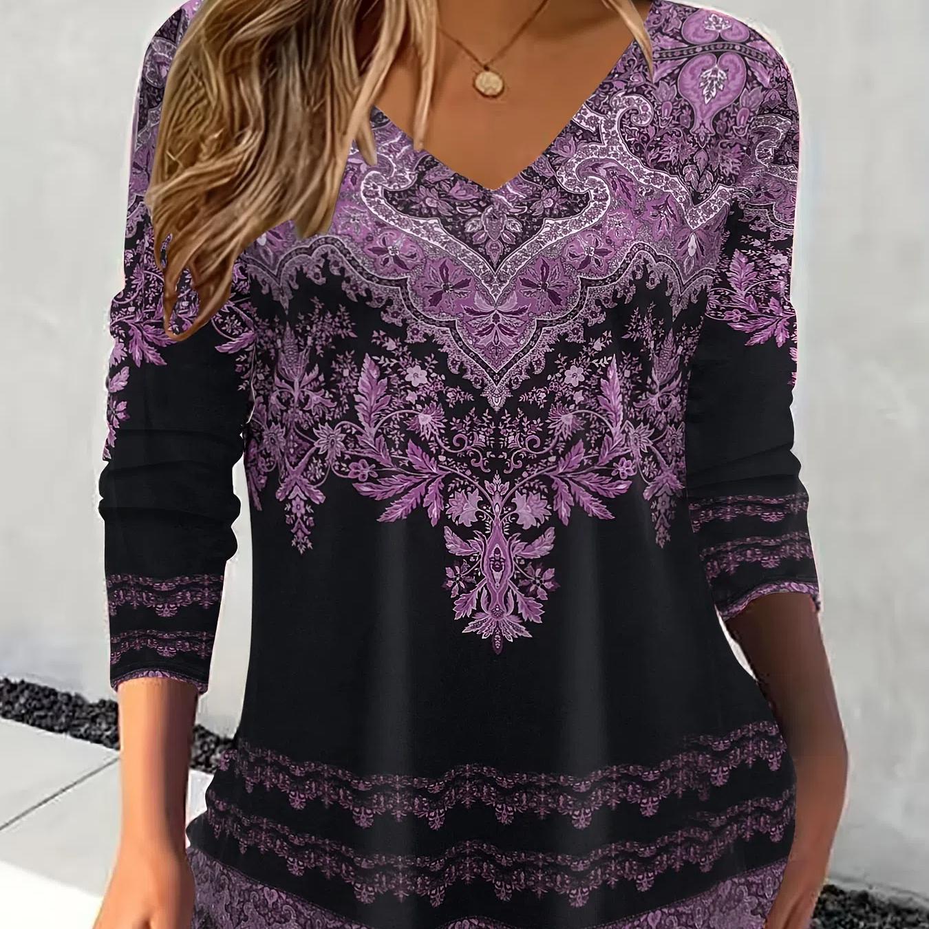 

Футболка великого розміру з геометричним квітковим принтом – V-подібний виріз, довгий рукав, легка еластичність, можна прати в пральній машині, повсякденний жіночий одяг для всіх сезонів 4XL