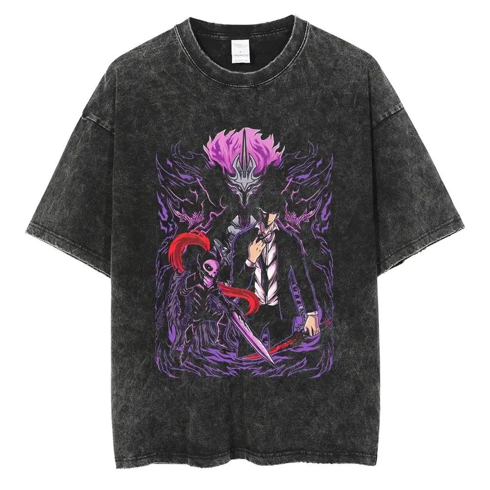 Hot Summer Anime Solo Leveling Sung Jin Woo Print T-shirt Women High Quality Washed Cotton T-shirts Harajuku Plus Size T Shirt