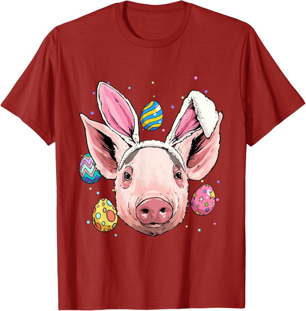 Lustiges Schwein mit Hasenohren Ostereier Grafik T-Shirt Lässiges Baumwoll Kurzarm-T-Shirt für Herren