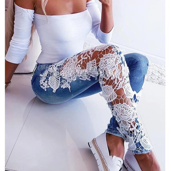 Fashion Lace Floral Crochet Hollow-Out Jeans Women Elegant Sexy Denim Pencil Skinny Jeans Woman Plus Size