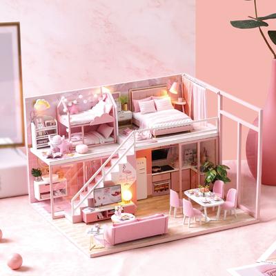 Babyhaus Mini DIY-Bausatz zur Herstellung von Spielzeug für das Zimmer, Heim-Schlafzimmerdekoration mit Möbeln, Holzhandwerk, 3D-Puzzle, Geburtstag für Mädchen