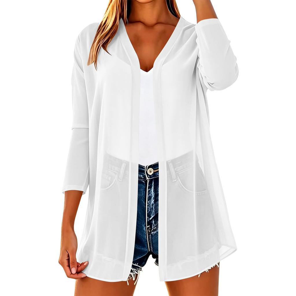 Women's Lightweight Chiffon Open Front Cardigan Three Quarter Sleeve Loose Fit Summer Outerwear Layering Top for Casual Wear
