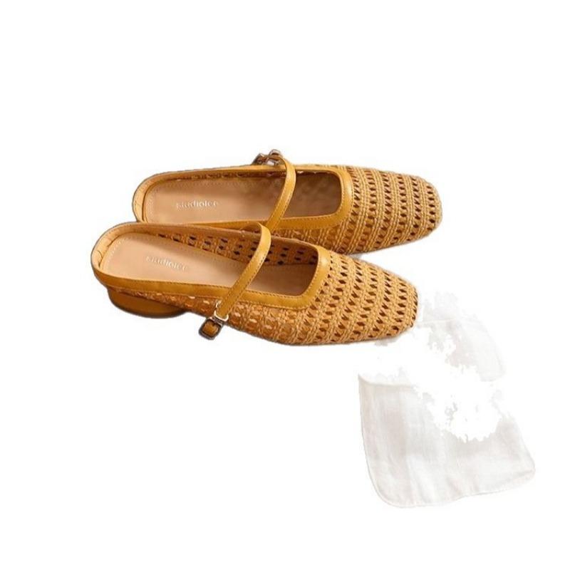 

Новый стиль женских полутапочек с ретро плетеным и ажурным квадратным носком и толстым каблуком на одно плечо 40 жёлтый