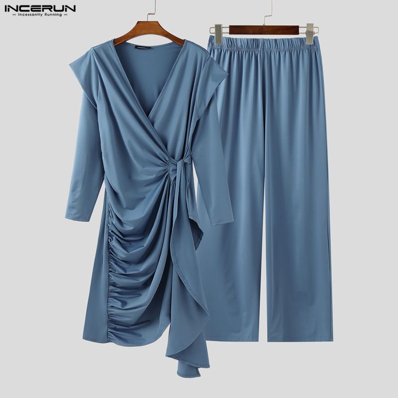 INCERUN 2 SZTUKI Męskie Koszulki z Dekoltem V i Długim Rękawem Falbankowe Skręcone Zestawy Ubrań Domowych Spodnie