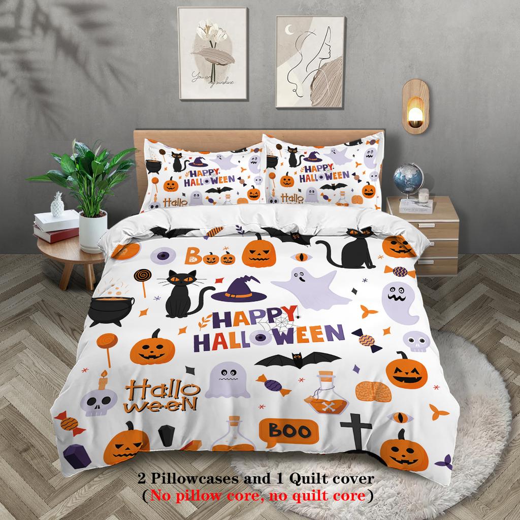 3-piece Halloween themed cute ghost pattern printed down duvet cover (1 piece set+2 pillowcases, no core) couple bedding set