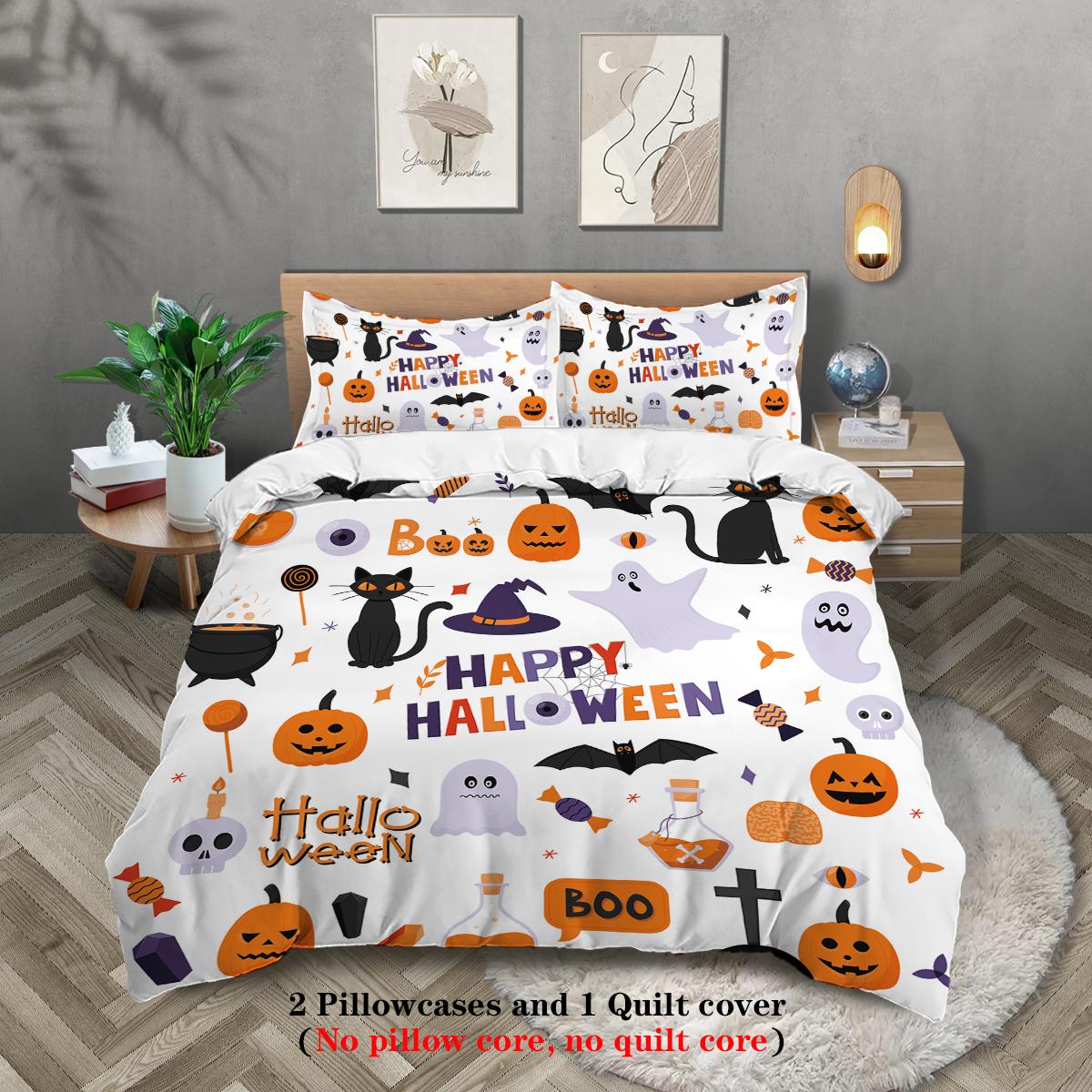 

3-piece Halloween themed cute ghost pattern printed down duvet cover (1 piece set+2 pillowcases, no core) couple bedding set 135x200cm-EU-Single