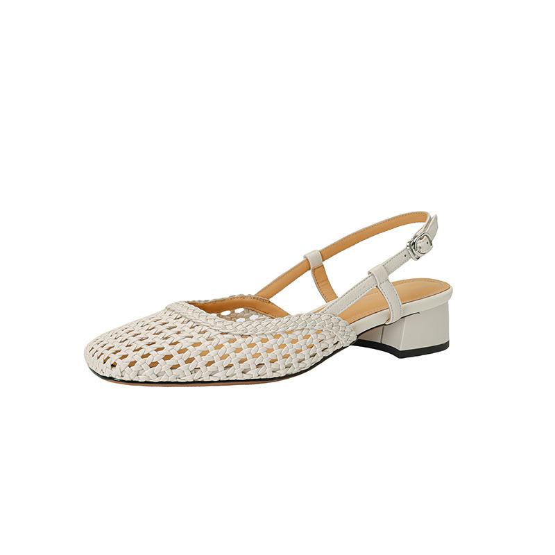 Fashion Women's Fashion Baotou Sandals 2025 Summer New Shallow Hollow Breathable One Line Square Head Buckle Sole Heel Shoes