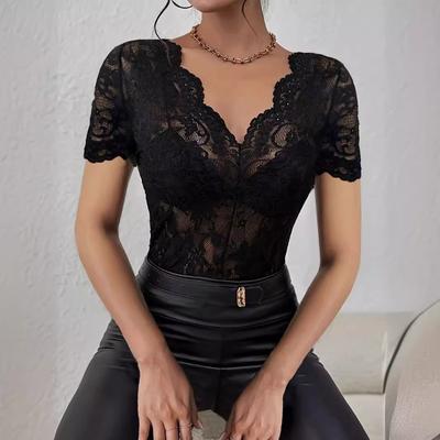 Elegantes, fächerförmiges T-Shirt mit V-Ausschnitt, einfarbiger Spitze, sexy Slim Fit, Schlankheitsoberteil für Damen