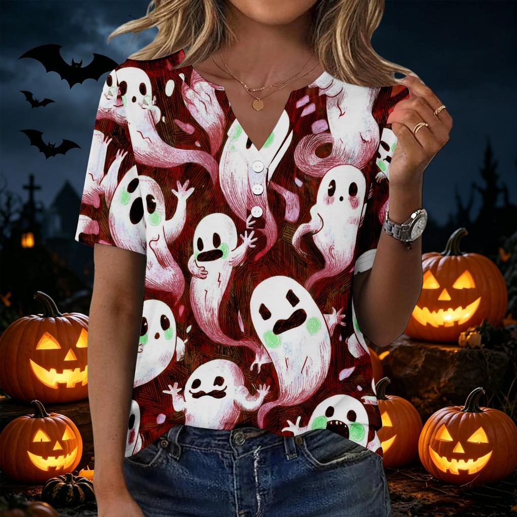 Women's Halloween Print Loose Fit V Neck Short Sleeve Top with Pocket Casual Shirt for Everyday Wear