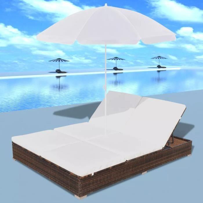 Chaise longue - vidaXL - Double - Résine tressée - Coussins amovibles - Parasol inclus