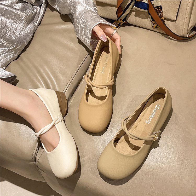 2025 New Spring and Autumn French Round Head Mary Jane Shallow Mouth with Skirt Soft Leather Single Shoes Women's Small Leather Shoes Thick Heel Shoes