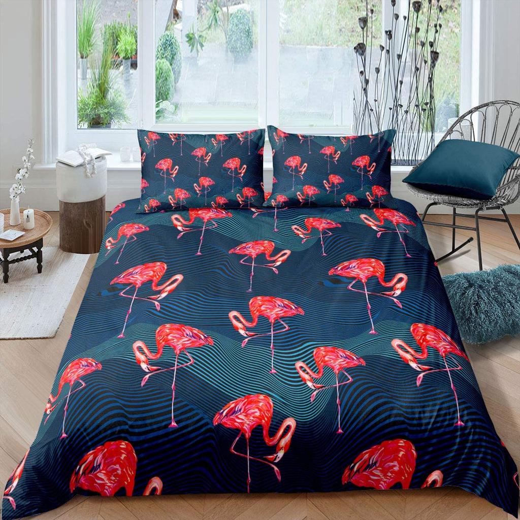 Red Flamingo Duvet Cover Set King Queen Size Polyester Comforter Cover Wild Animals For Kids Teens Animals Lovers Bedding Set
