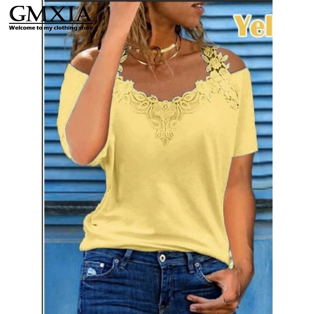 GMXIA Women's Fashion Casual Leisure Solid Color Print Short Sleeve V Neck Blouses & Shirts