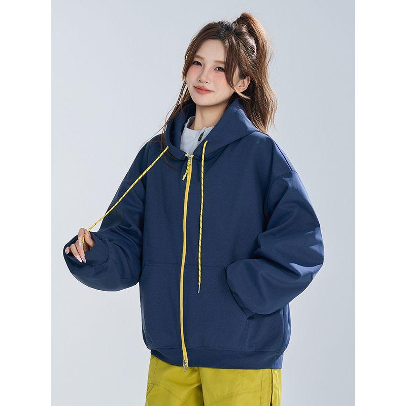 Wassup Trendy Basic Solid Color Cardigan Sweatshirt for Women, Hooded, Loose Fit, Trendy and Versatile, Couple Style Jacket for Autumn and Winter