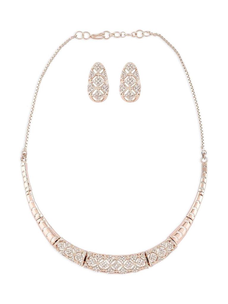 Rose Gold Cubic Zirconia Party Bling Necklace & Earring Set For Women