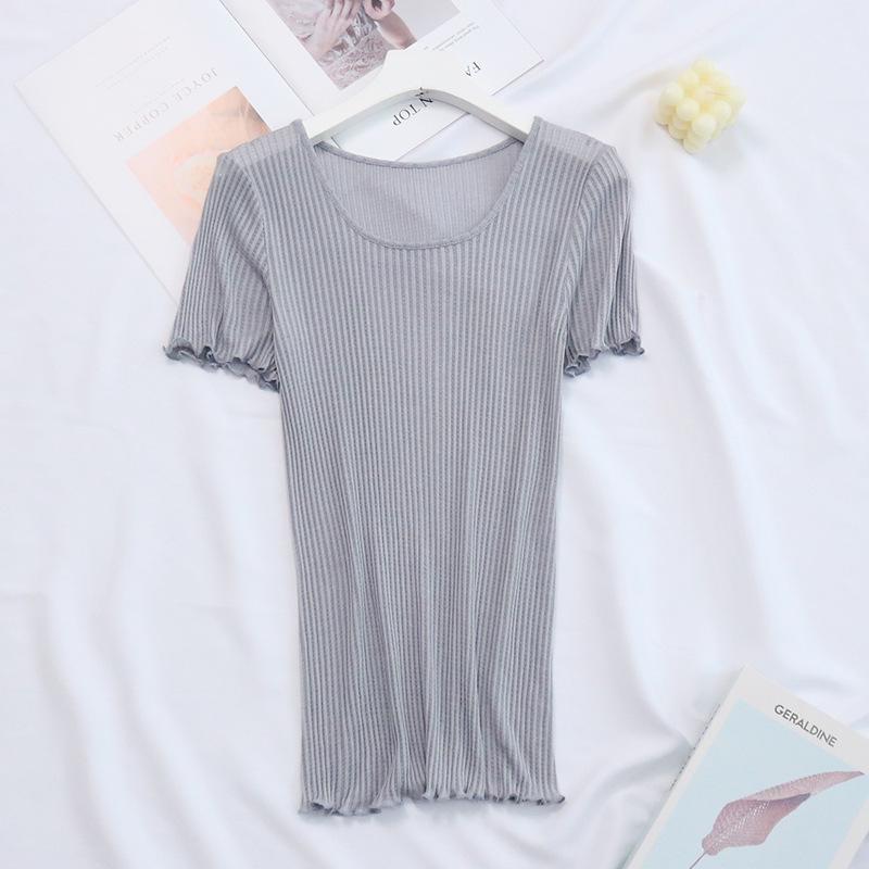 

Tangge Women s Slim-Fit Mulberry Silk Ribbed Short Sleeve Top One Size