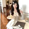 Small Sweet French Beige Cardigan Spring Summer White Fluffy Cake Dress Vest Skirt Two-piece Set