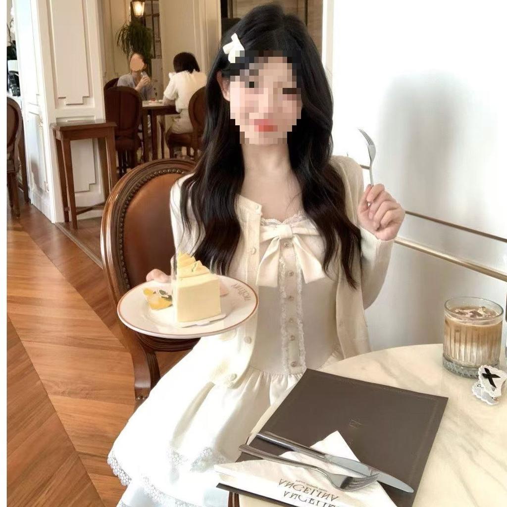Small Sweet French Beige Cardigan Spring Summer White Fluffy Cake Dress Vest Skirt Two-piece Set