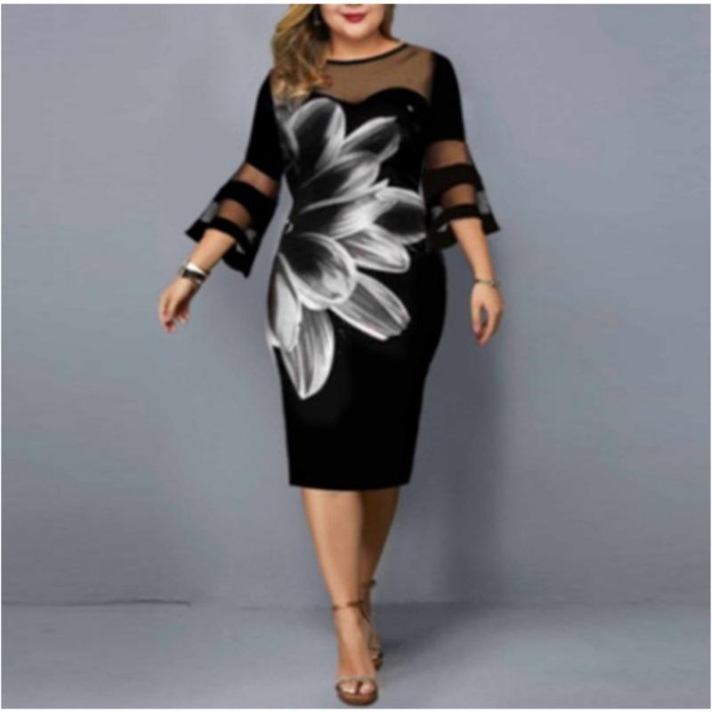 Plus Size Spleiß Digitaldruck Langarmkleid Für Damen