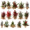 Small Christmas Artificial Plants with Burlap Base Faux Pine Branches with Red Berries/Poinsettias Flower