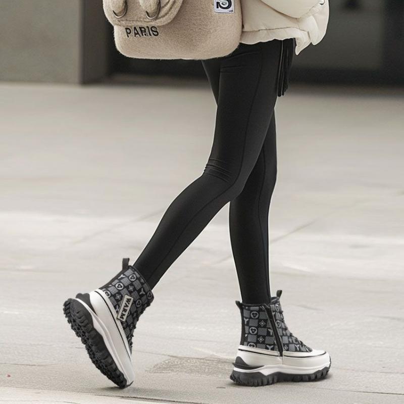 Cool Women's High-tops, Autumn and Winter Platform Shoes, Fleece Boots, Women's PU Leather Shoes, Snow Boots