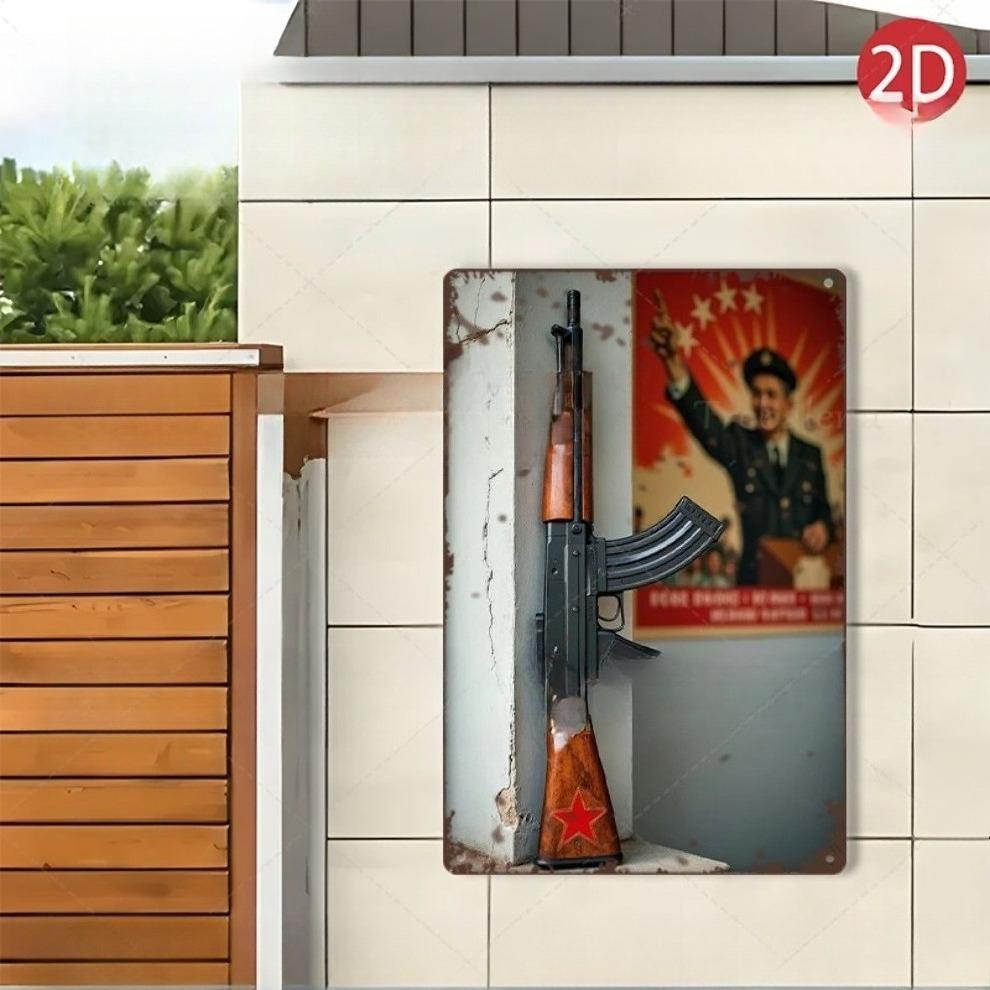 1PC 2D Flat  True Man's Toys  8*12inch Metal Sign Retro AK47 Rifle with Soviet Poster Wall Art