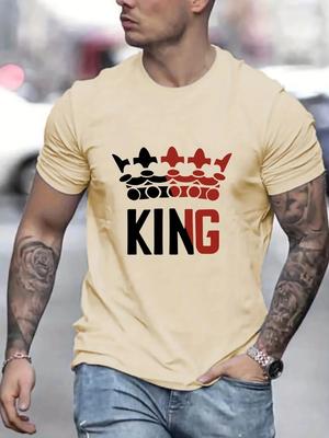 Men's 100% Pure Cotton Summer Loose Comfortable Casual and Fashionable KING Print Large Round Neck Short Sleeved T-shirt Top