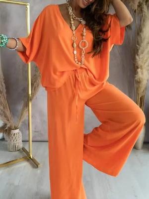 Casual Solid Color Pants Suit, Half Sleeve V-neck Top and Wide Leg Pants Clothing, Women's Wear
